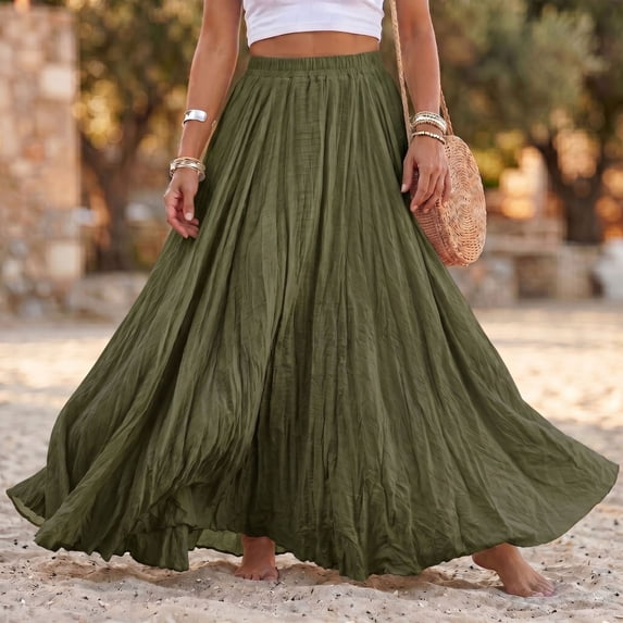 Women Cotton Linen Blend Elastic High Waist Boho Flowy Maxi Skirt Beach Vacation Wear M