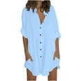 thumbnail image 1 of Women Cotton Linen Button Down Shirts V Neck Bathing Suit Cover Up Loose Fit Oversized Casual Tops with Pockets, 1 of 5