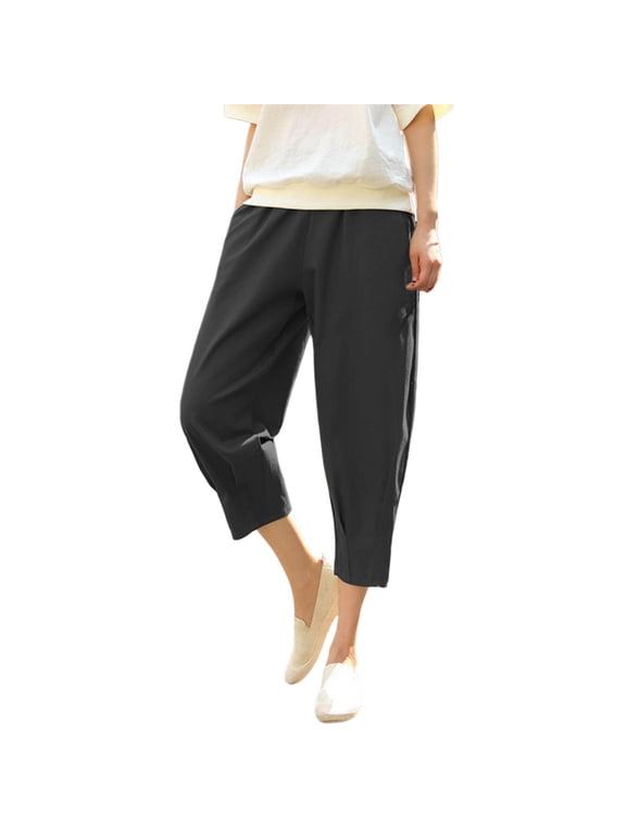 Women Cotton Linen Capris Pants Loose Fit Solid Color Beach Vacation Harem Cropped Trousers with Pockets