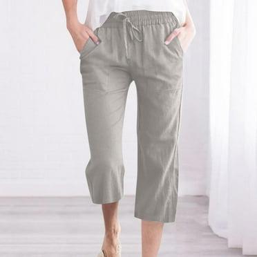Women Cotton Linen Casual Pants Knee Length Capri High Waist Adjustable Drawstring Relaxed Loose Comfy Casual Linen Pants