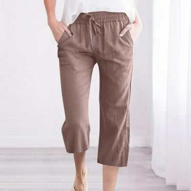 Women Cotton Linen Casual Pants Knee Length Capri High Waist Adjustable Drawstring Relaxed Loose Comfy Casual Linen Pants
