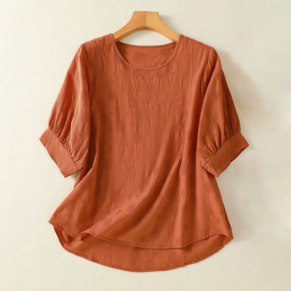 Women Cotton Linen Crew Neck Short Sleeve Tunic, Tee Shirts Tops Loose Fit, Linen Blouse For Women Orange 2XL