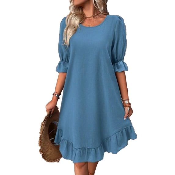 Women Cotton Linen Crewneck Mid Sleeves Ruffle Summer Beach Vacation Casual Loose Dress