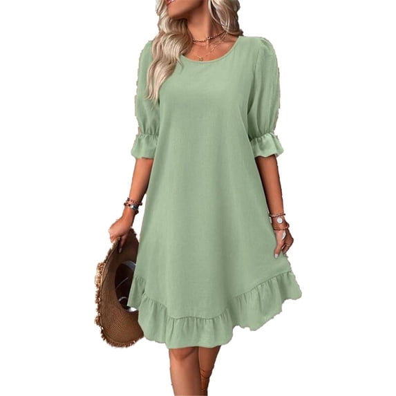 Women Cotton Linen Crewneck Mid Sleeves Ruffle Summer Beach Vacation Casual Loose Dress