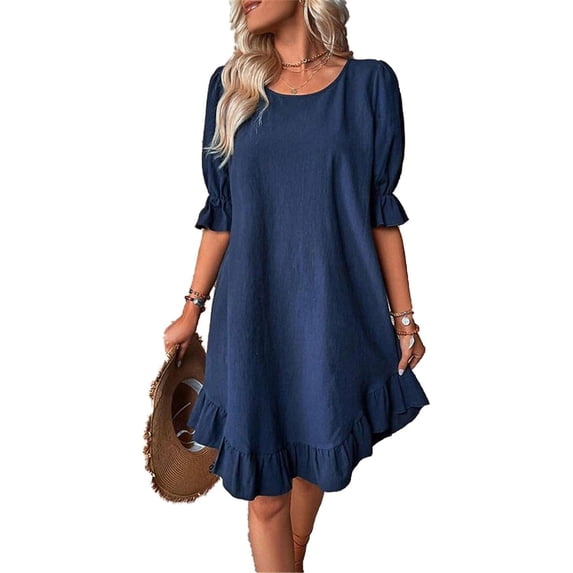 Women Cotton Linen Crewneck Mid Sleeves Ruffle Summer Beach Vacation Casual Loose Dress