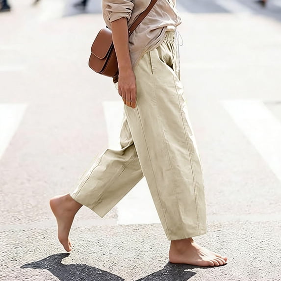 Women Cotton Linen Cropped Barrel Pants Drawstring Wide Leg Capris 2026 Casual Summer Boho Palazzo Trouser with Pockets Beige M