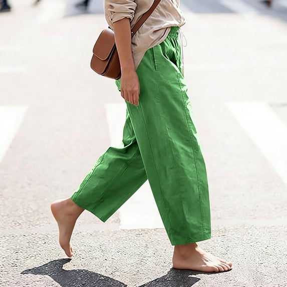 Women Cotton Linen Cropped Barrel Pants Drawstring Wide Leg Capris 2026 Casual Summer Boho Palazzo Trouser with Pockets Green M