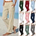 thumbnail image 1 of Women Cotton Linen Cropped Straight Leg Pants for Women, Elastic High Waist Side Slit Button Design with Pockets, Light Capri Trousers for Summer Beach Casual | TruHer,Gray XL, 1 of 7
