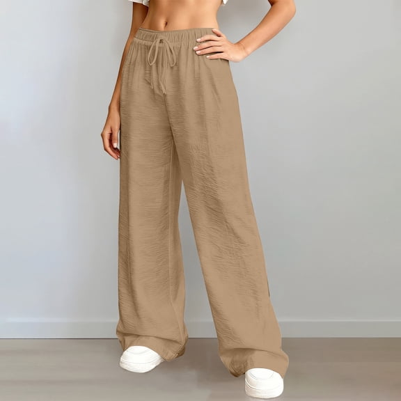 Womens Plus Size Pants Summer Elastic High Waist Drawstring Casual Loose Wide Leg Trousers Pants with Pockets Camel L