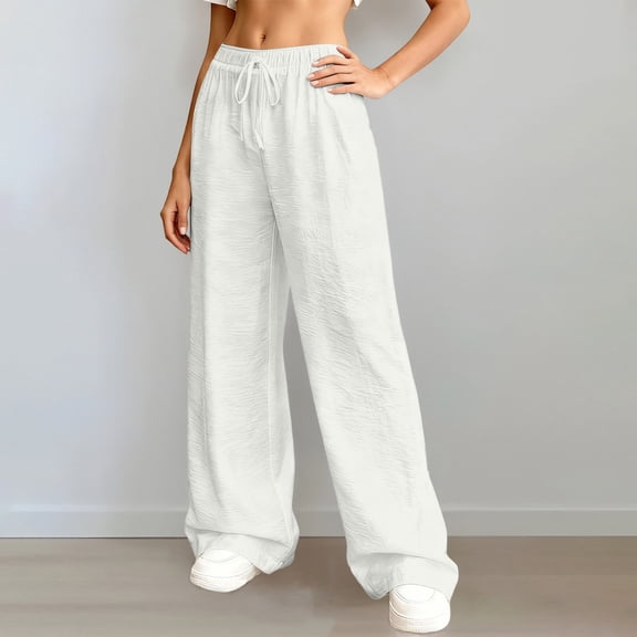Womens Plus Size Pants Summer Elastic High Waist Drawstring Casual Loose Wide Leg Trousers Pants with Pockets White XXL