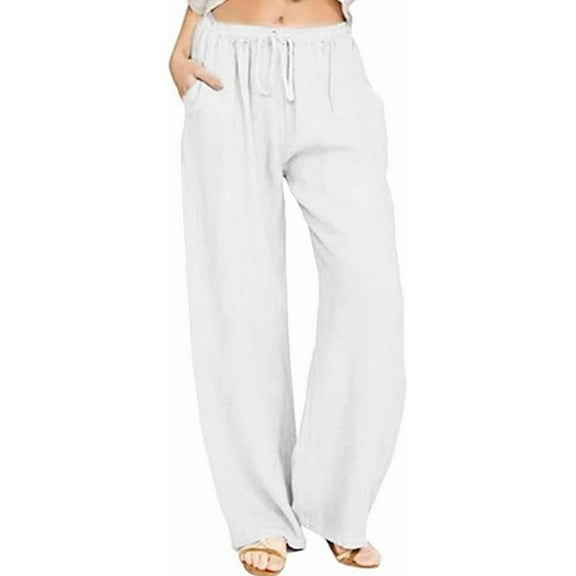 Women Cotton Linen Drawstring Wide Leg Pants High Waisted Casual Loose Trousers with Pockets