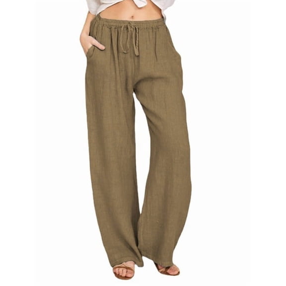 Women Cotton Linen Drawstring Wide Leg Pants High Waisted Casual Loose Trousers with Pockets