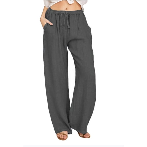 Women Cotton Linen Drawstring Wide Leg Pants High Waisted Casual Loose Trousers with Pockets