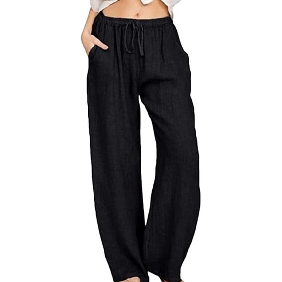 Women Cotton Linen Drawstring Wide Leg Pants High Waisted Casual Loose Trousers with Pockets
