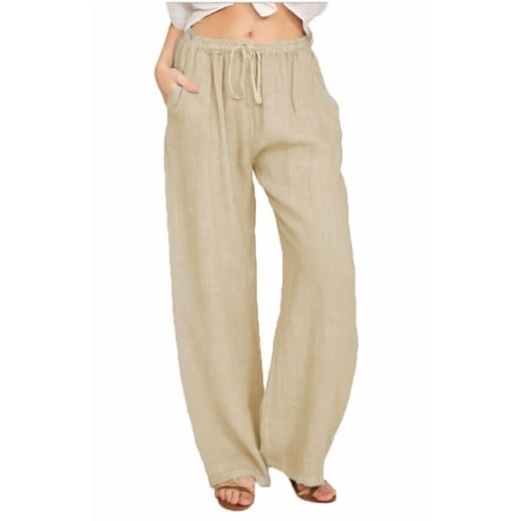 Women Cotton Linen Drawstring Wide Leg Pants High Waisted Casual Loose Trousers with Pockets