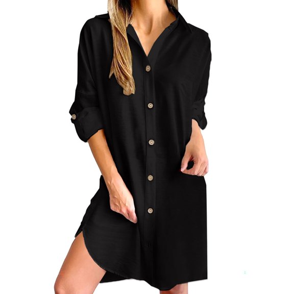 Women Cotton Linen Dress Long Sleeve V Neck Button Casual Beach Dress Loose Fit Flowy Dresses