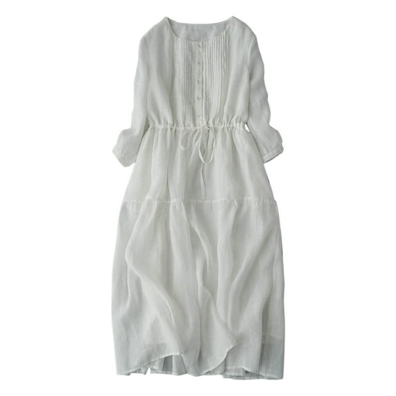 Women Cotton Linen Dresses Flowy Crew Neck Long Sleeve Maxi Dress Soft Lightweight Summer Beach Clothes