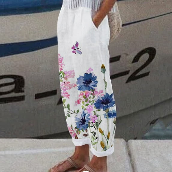 Women Cotton Linen Harem Pants with Pockets Boho Comfy High Waist Floral Print Loose Capri Pants Palazzo Trouser