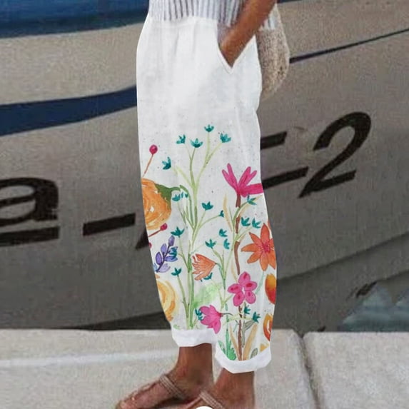 Women Cotton Linen Harem Pants with Pockets Boho Comfy High Waist Floral Print Loose Capri Pants Palazzo Trouser
