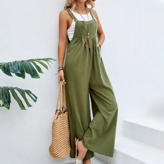 Women Cotton Linen Jumpsuit Casual Wide Leg Suspender Pants Summer Loose Rompers