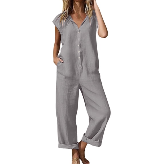 Women Cotton Linen Jumpsuits Short Sleeve Button Down Overalls Casual Wide Legs Rompers with Pockets