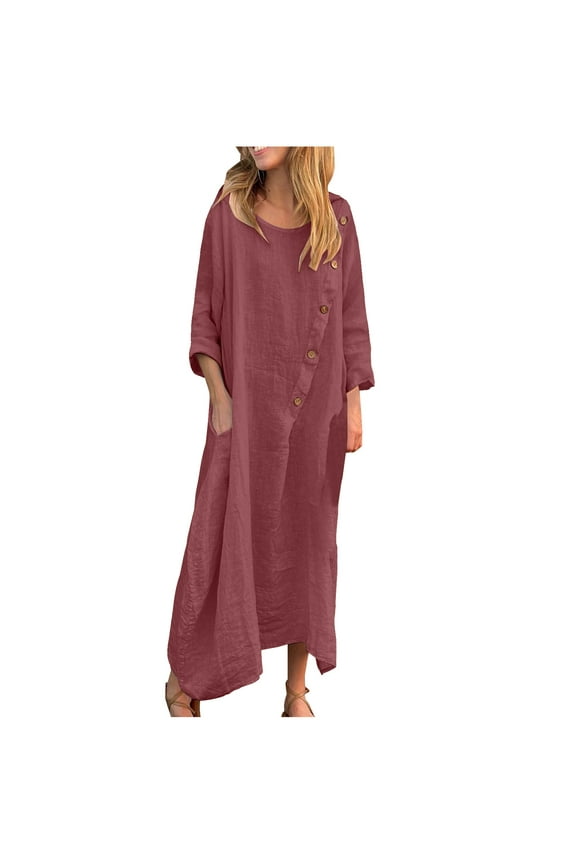 Women Cotton Linen Kaftan Dress 3/4 Sleeve Crewneck Shift Dresses Summer Oversized Tshirt Robe Irregular Hem Maxi Dress