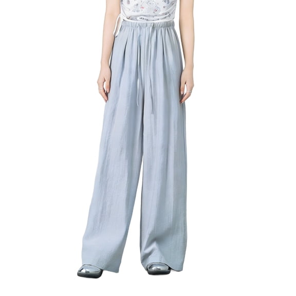 Women Cotton Linen Long Pants Casual Pleated Elastic Waist Wide Leg Sweatpants Loose Fit Soft Comfy Solid Color Trousers