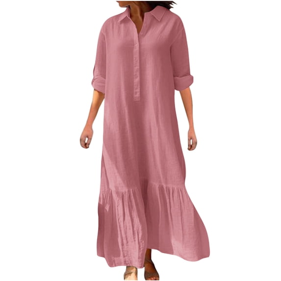 Women Cotton Linen Long Sleeve Button Lapel Maxi Shirt Dress Plus-size Layered Ruffled Hem Dress for Daily Wear