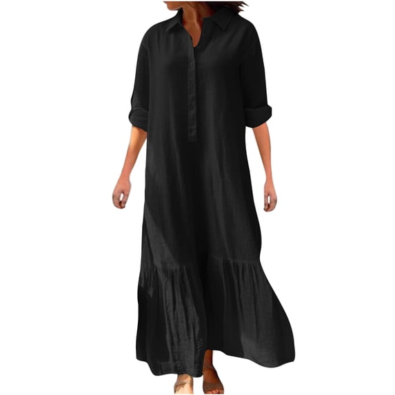 Women Cotton Linen Long Sleeve Button Lapel Maxi Shirt Dress Plus-size Layered Ruffled Hem Dress for Daily Wear