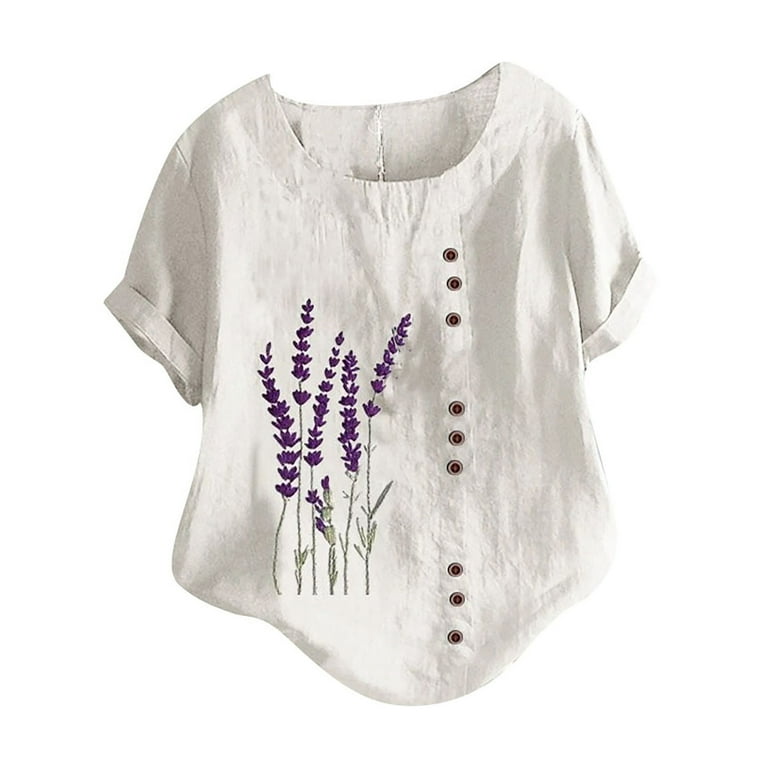 Women Cotton Linen Loose Casual Shirts Lavender Flowers Printed T-Shirt  Crew Neck Short Sleeve T-Shirt Blouse 
