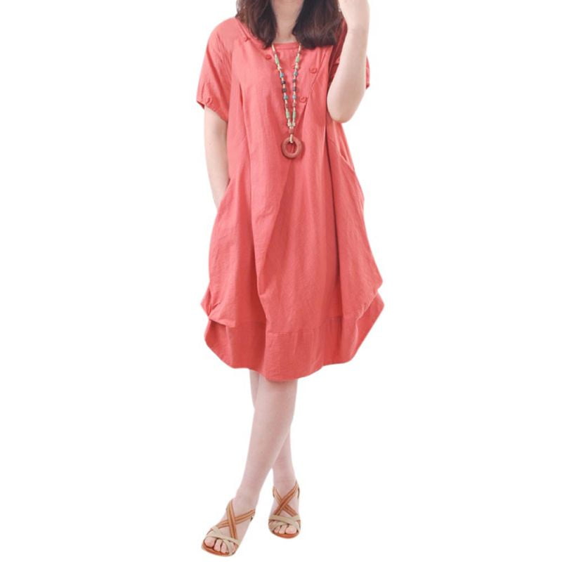 Women Cotton Linen Maternity Dresses Loose Pleated Short Sleeve Dress