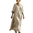 thumbnail image 1 of Women Cotton Linen Maxi Dress Half Sleeve Loose Fit Summer Lounge Long Dresses Trendy 2025 Crewneck Vacation Outfits, 1 of 6