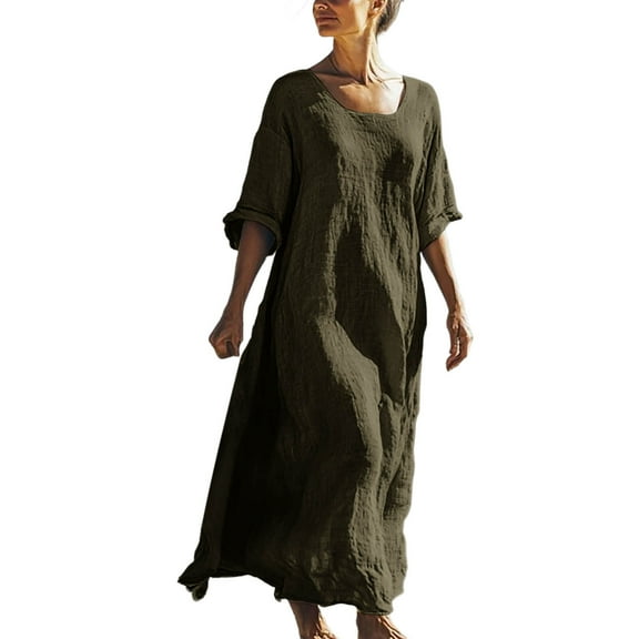 Women Cotton Linen Maxi Dress Half Sleeve Loose Fit Summer Lounge Long Dresses Trendy 2025 Crewneck Vacation Outfits