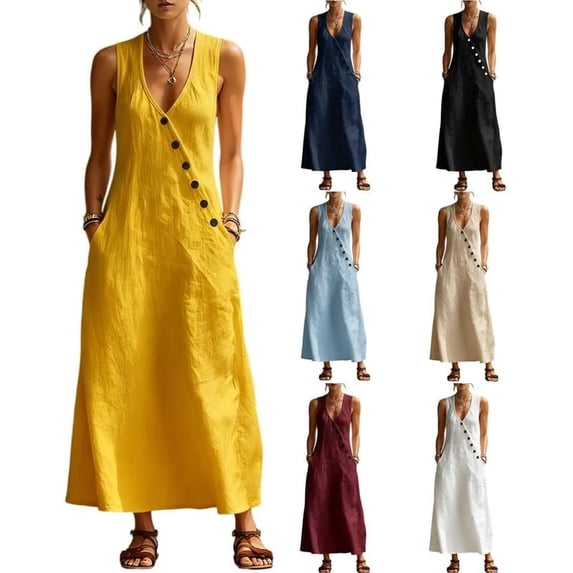 Women Cotton Linen Maxi Dress Sleeveless V Neck Summer Beach Dress Casual Loose Flowy Boho Tank Sundress