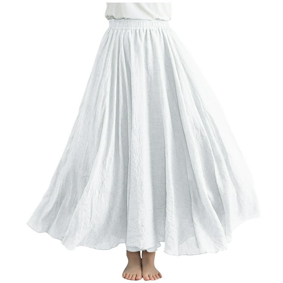 Women Cotton Linen Maxi Skirt Boho Layer Elastic Waist Long Skirt Summer Flowy Swing Tiered A-Line Skirt