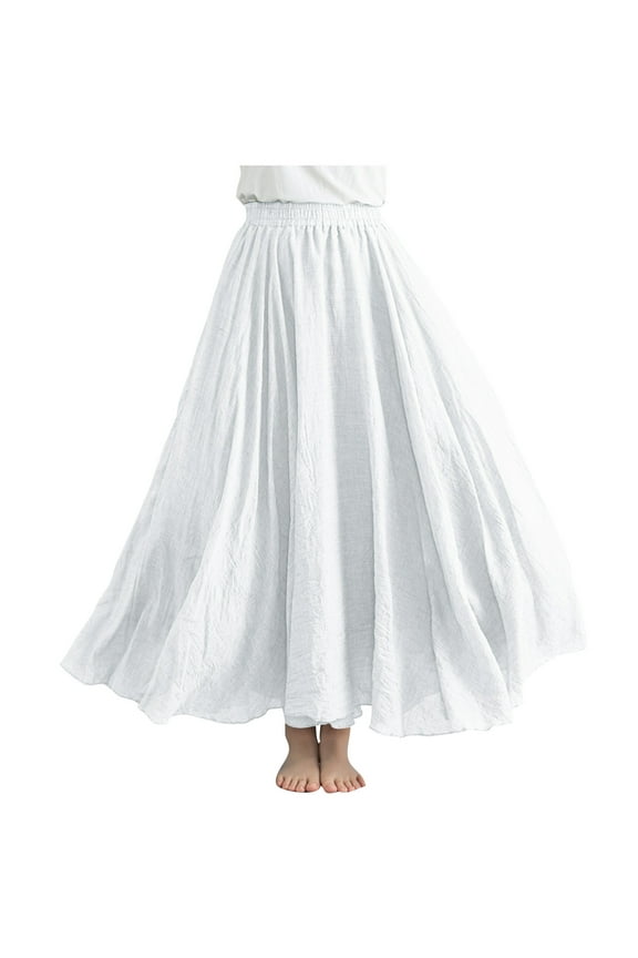 Women Cotton Linen Maxi Skirt Boho Layer Elastic Waist Long Skirt Summer Flowy Swing Tiered A-Line Skirt