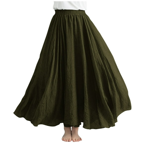 Women Cotton Linen Maxi Skirt Boho Layer Elastic Waist Long Skirt Summer Flowy Swing Tiered A-Line Skirt