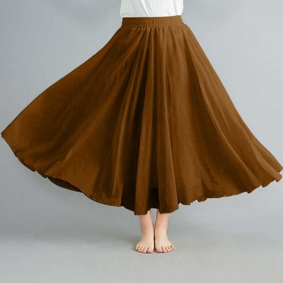 Women Cotton Linen Maxi Skirt Layer Elastic Waist Boho Skirt Summer Flowy Swing Tiered A-Line Skirt