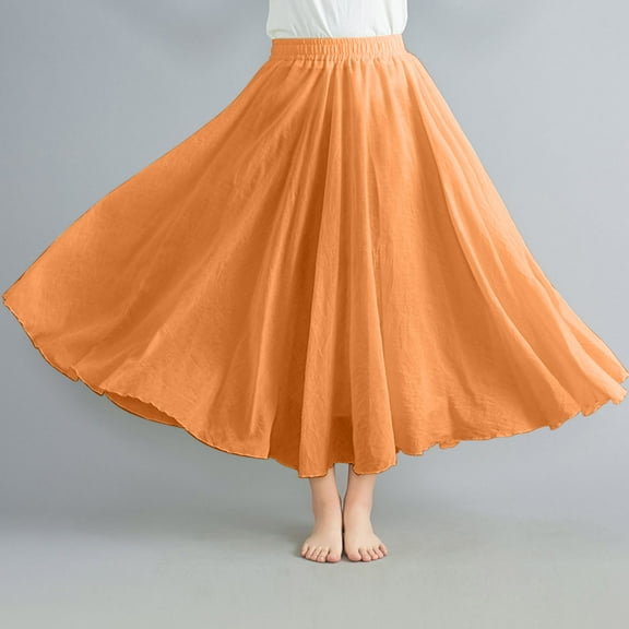 Women Cotton Linen Maxi Skirt Layer Elastic Waist Boho Skirt Summer Flowy Swing Tiered A-Line Skirt