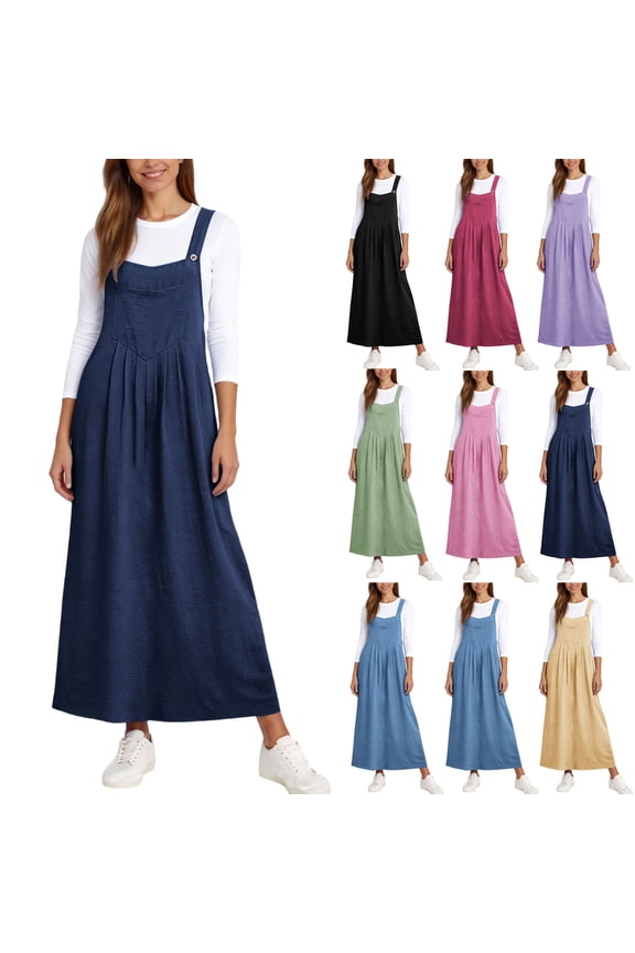 Women Cotton Linen Overall Dresses Summer Casual Bib Jumper Dress Adjustable Straps Boho Maxi Dress with Pocket
