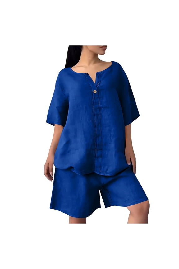 Women Cotton Linen Pajama Sets 2 Piece Soft Short Sleeve Top and Shorts Sleepwear V Neck Fashion Cozy Pjs Lounge Set