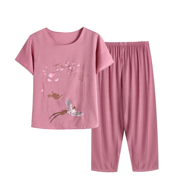 Women Cotton Linen Pajamas Set Comfy Pajamas, Ladies Pyjamas Set Floral Printing Short Sleeve Loungewear Top and Wide Leg Pants Cropped Trousers Soft Nightwear Sleepwear Pink XXXXL
