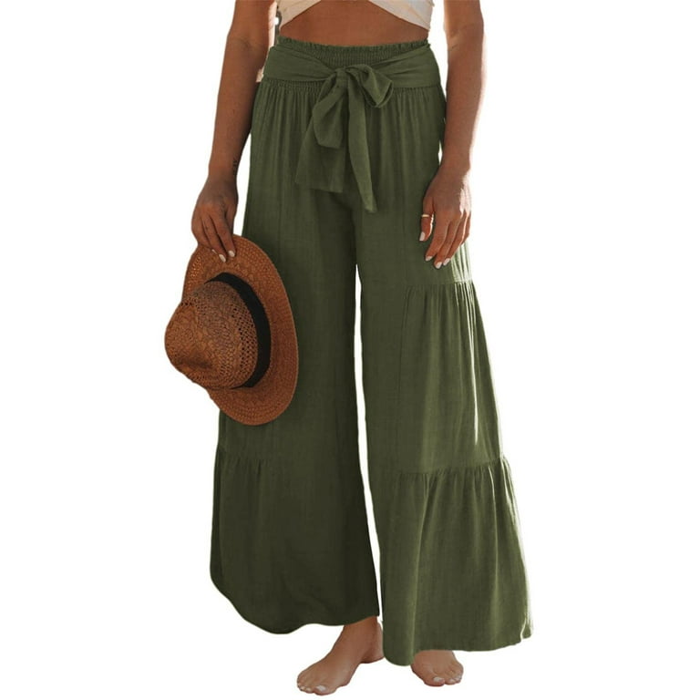 Women Cotton Linen Palazzo Lounge Pants High Waist Wide Leg Pants Summer  Boho Beach Hippie Pants Casual Trousers 