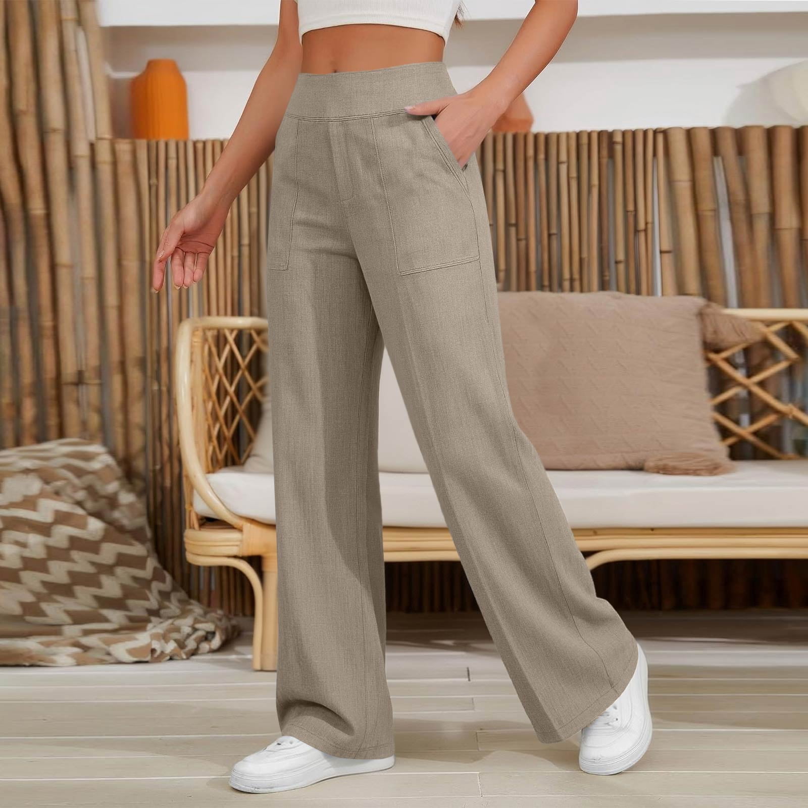 Women Cotton Linen Pants 2026 Spring Summer Gauze High Waisted Button ...
