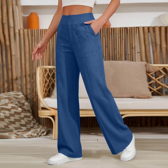 Women Cotton Linen Pants 2026 Spring Summer Gauze High Waisted Straight Leg Trousers Beach Casual Vacation Pant Blue L