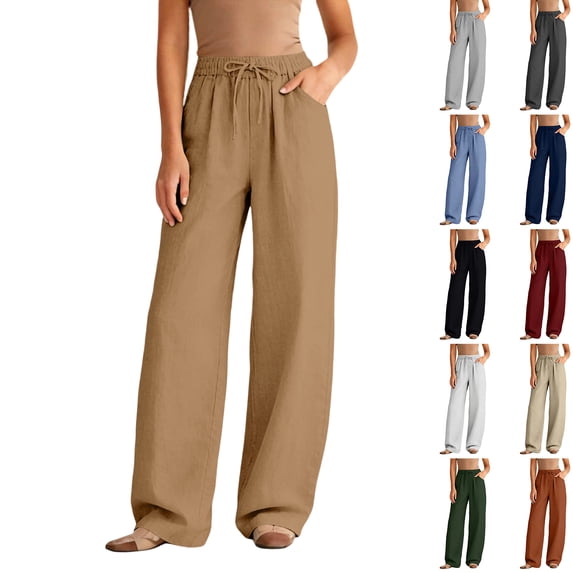 Women Cotton Linen Pants 2026 Spring Summer High Waisted Straight Leg Trousers Drawstring Beach Casual Vacation Pant, L