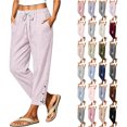 thumbnail image 1 of Women Cotton Linen Pants Casual Drawstring Elastic Waist Pant Loose Wide Leg Button Trousers With Pockets, 1 of 7