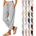 thumbnail image 1 of Women Cotton Linen Pants Casual Drawstring Elastic Waist Pant Loose Wide Leg Button Trousers With Pockets, 1 of 9
