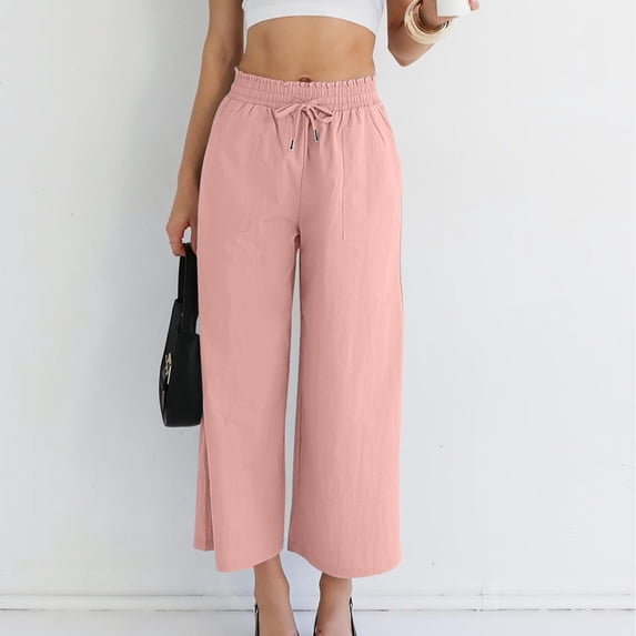 Women Cotton Linen Pants Drawstring Elastic Waist Casual Lounge Trousers with Pockets Breathable Lightweight Summer Relaxed Fit Bottoms