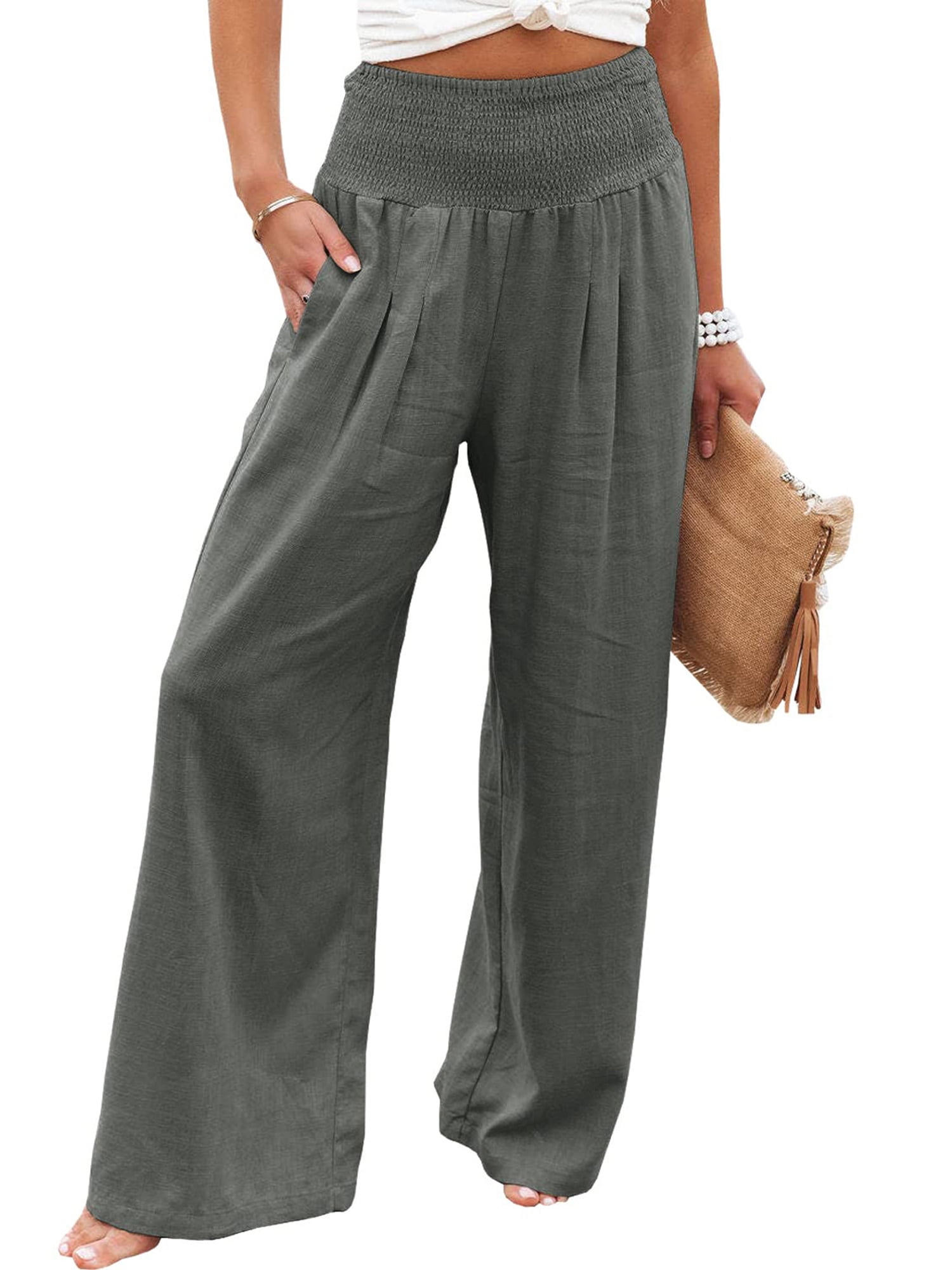 Women Cotton Linen Pants Elastic High Waist Wide Leg Palazzo Lounge Pants  Casual Loose Beach Pants with Pockets 